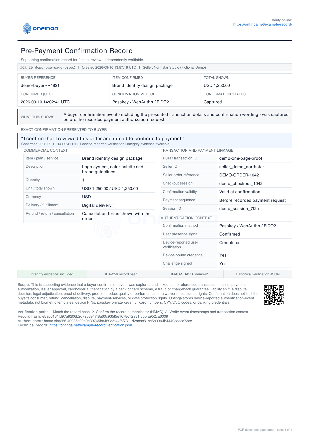 Sanitized fictional 1 Page Proof showing buyer confirmation, transaction linkage, authentication context and integrity checks